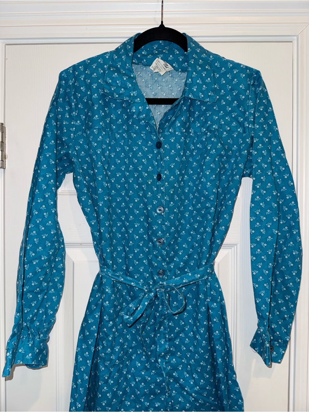 Vintage 70s Blue Floral Cottagecore Prairie Midi Dress Belted Size 16 USA Nancy - Picture 3 of 10